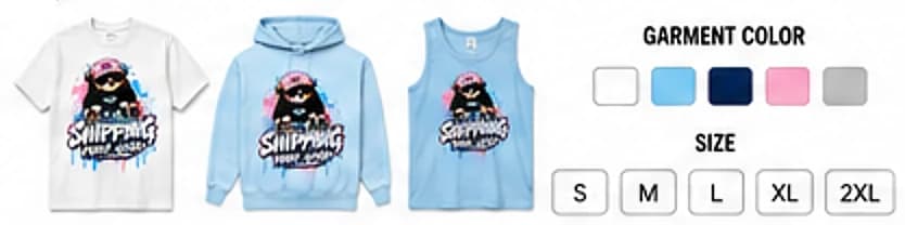 The colors found in the item. Sizes: S, M, L, XL, 2XL